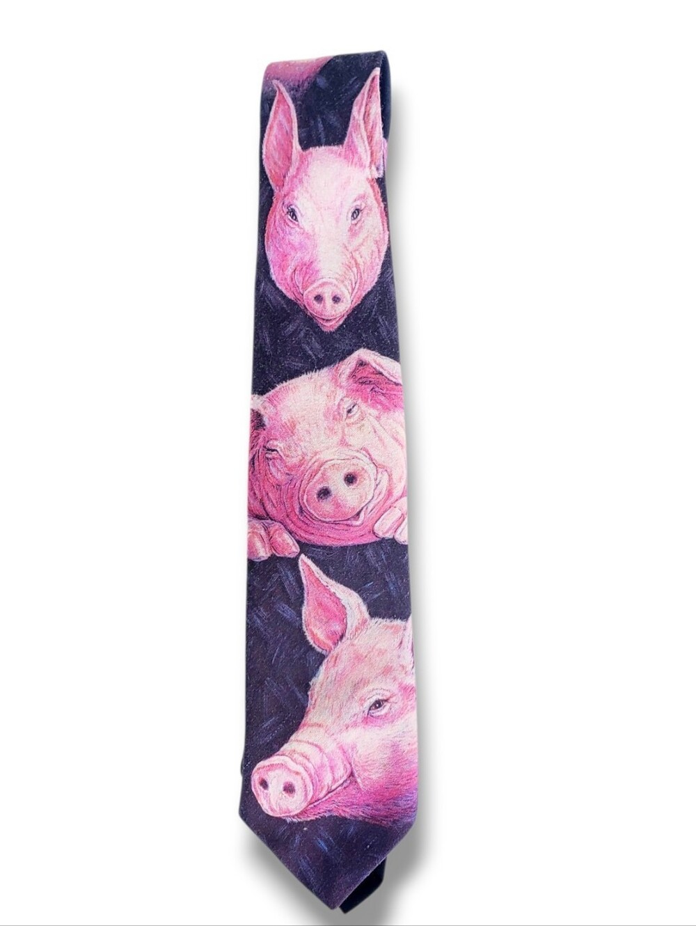 Vtg Ralph Marlin RM Tie Black Pink Pigs Novelty 3.5" Wide 58" Long Polyester USA